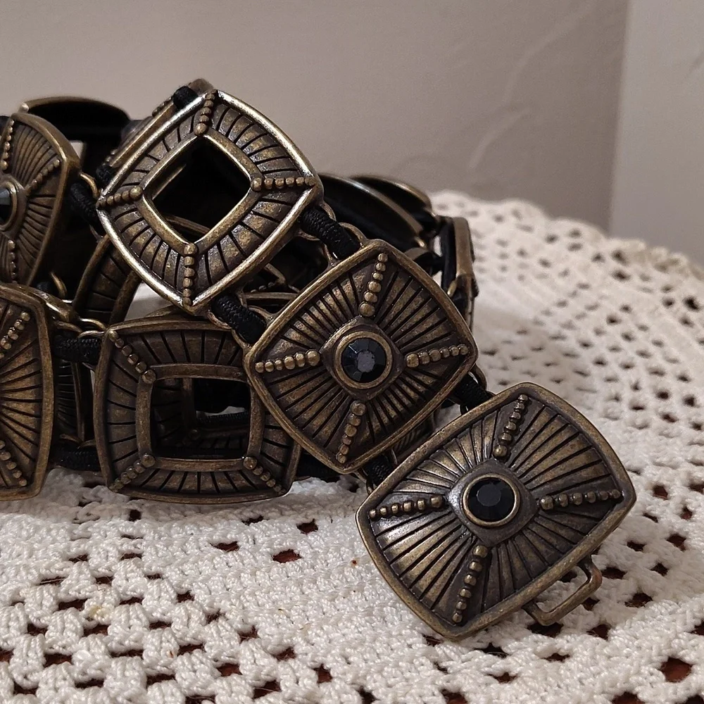 Bronze Metal Stretch Belt Boho Black Stone 37.5
